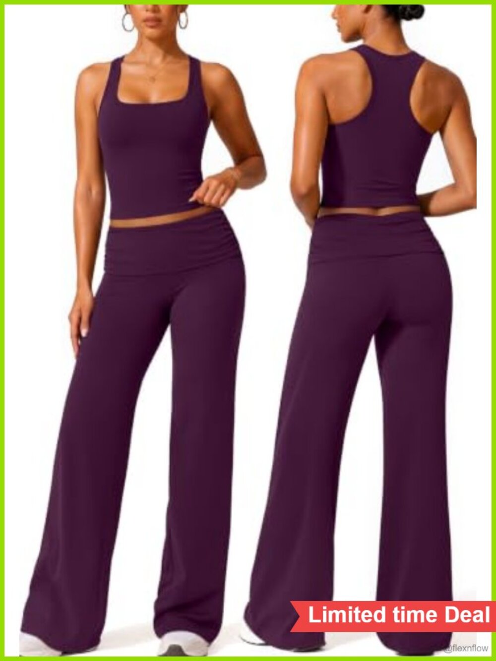 2 Piece Racerback Workout Set Foldover Wide Leg Yoga Pants